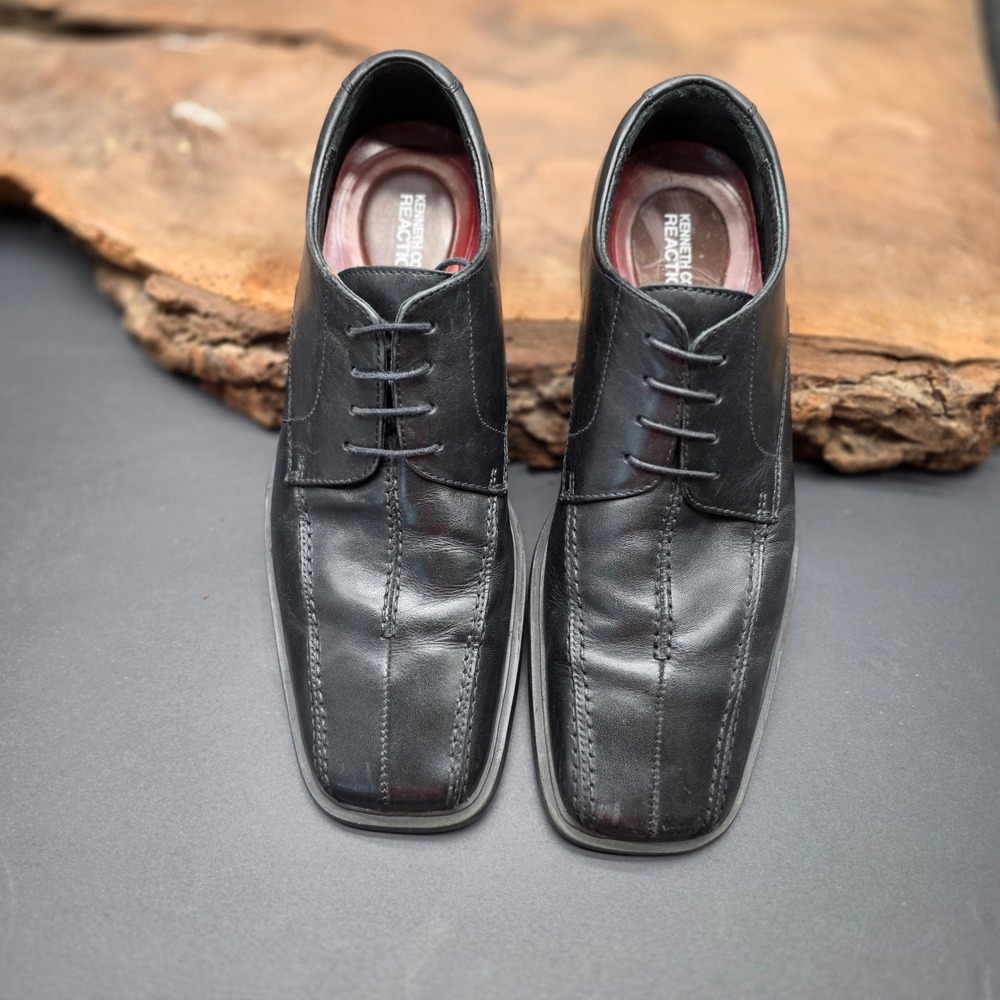 Kenneth Cole Reaction Dress Shoes Mens 9 Black Leather Square Toe Bicycle Stitch